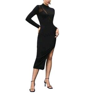 Women'S Stand Collar Mesh Patchwork Slit Hem Dress/ Size L